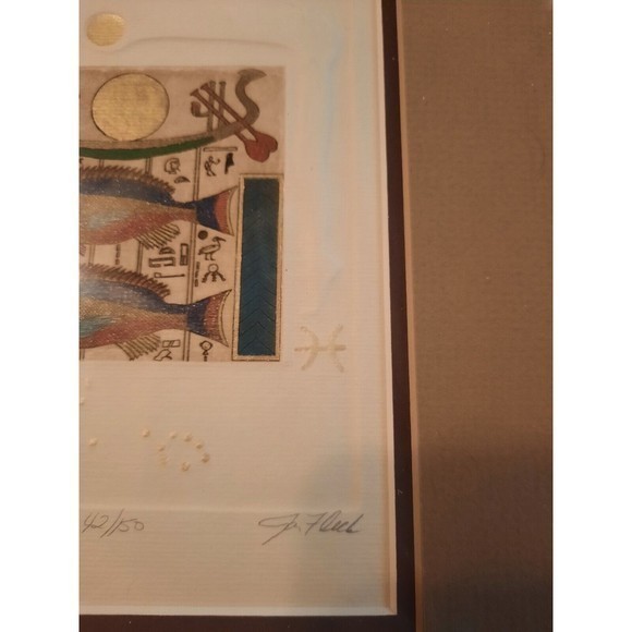 Jan Fleck "PISCES" Artist's‎ Proof 42/150, Hand-Painted Egyptian Etching, Signed - Picture 7 of 15